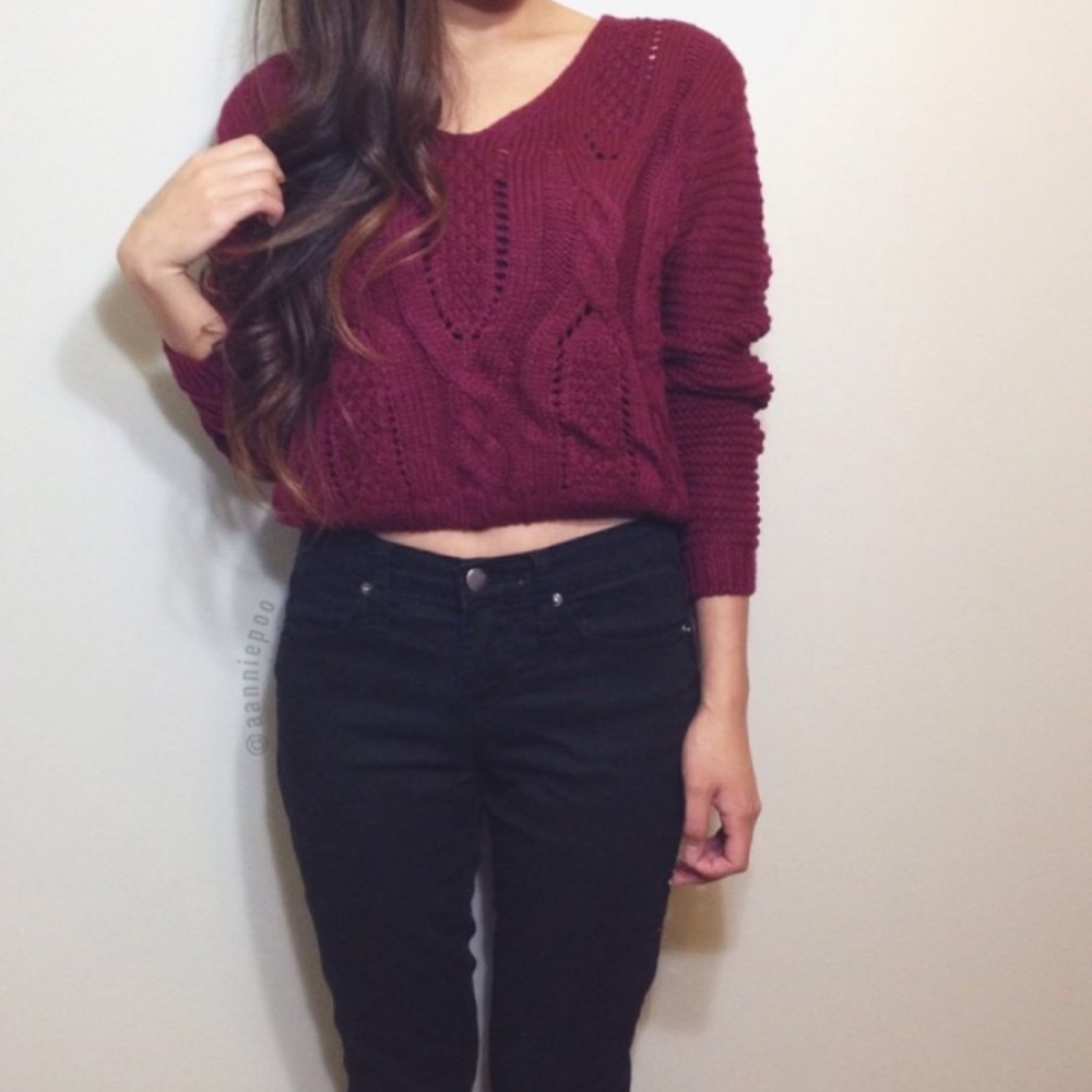 LF Maroon Lack Up Back Cropped Sweater